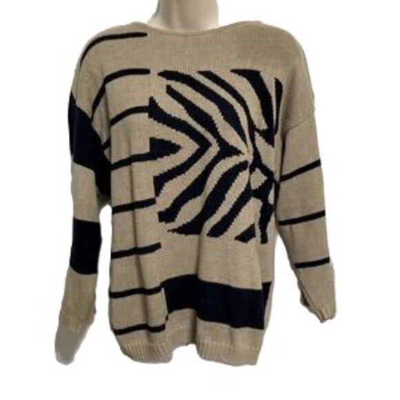 1980s Y2K Sweater BY KNIT deVILLE Tan with Black Zebra Pattern and Stripes Women - Picture 1 of 13